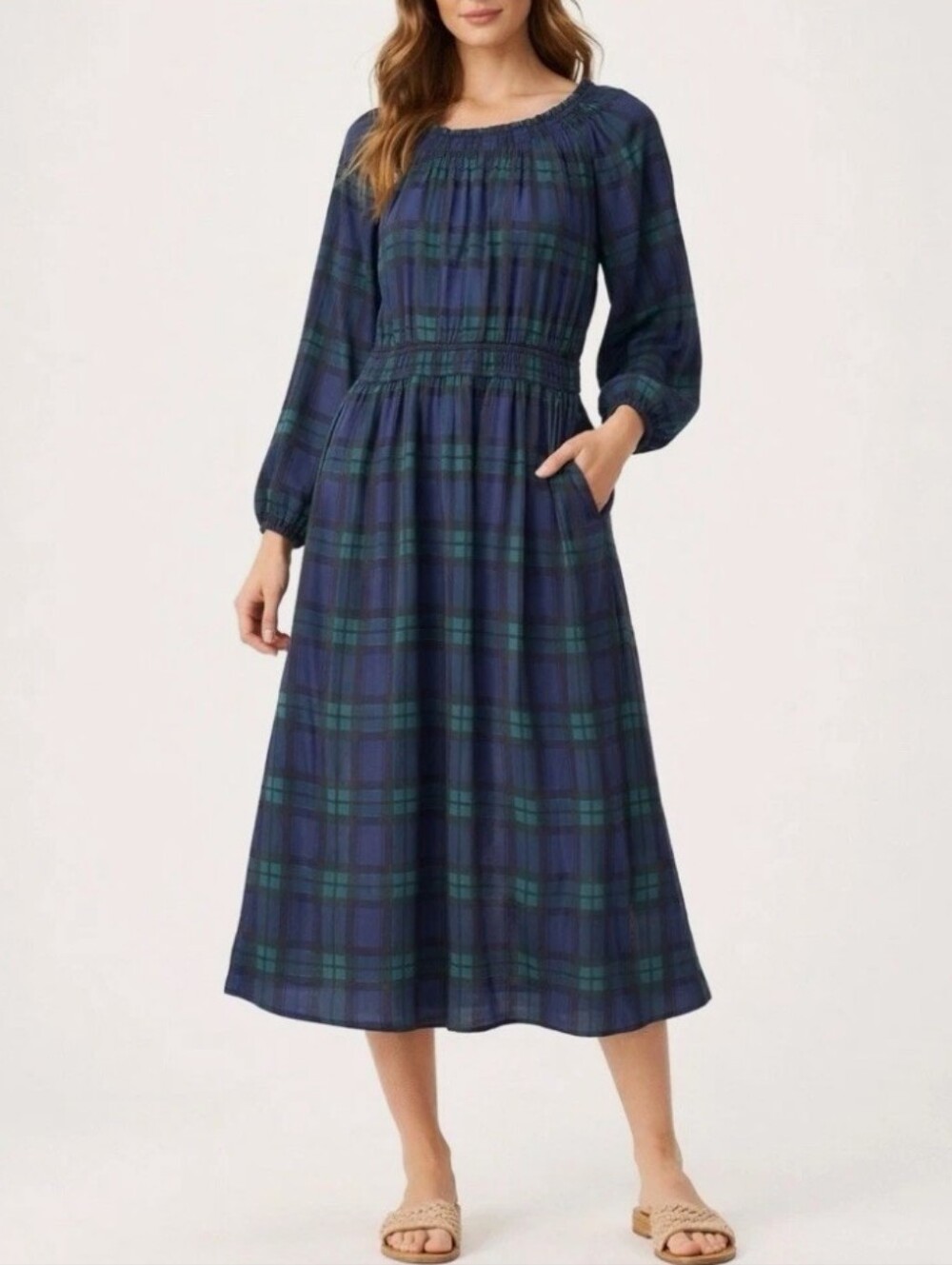NWT Lucky Brand Long Sleeve Smocked Waist Blue Green Plaid Tartan Midi Dress L